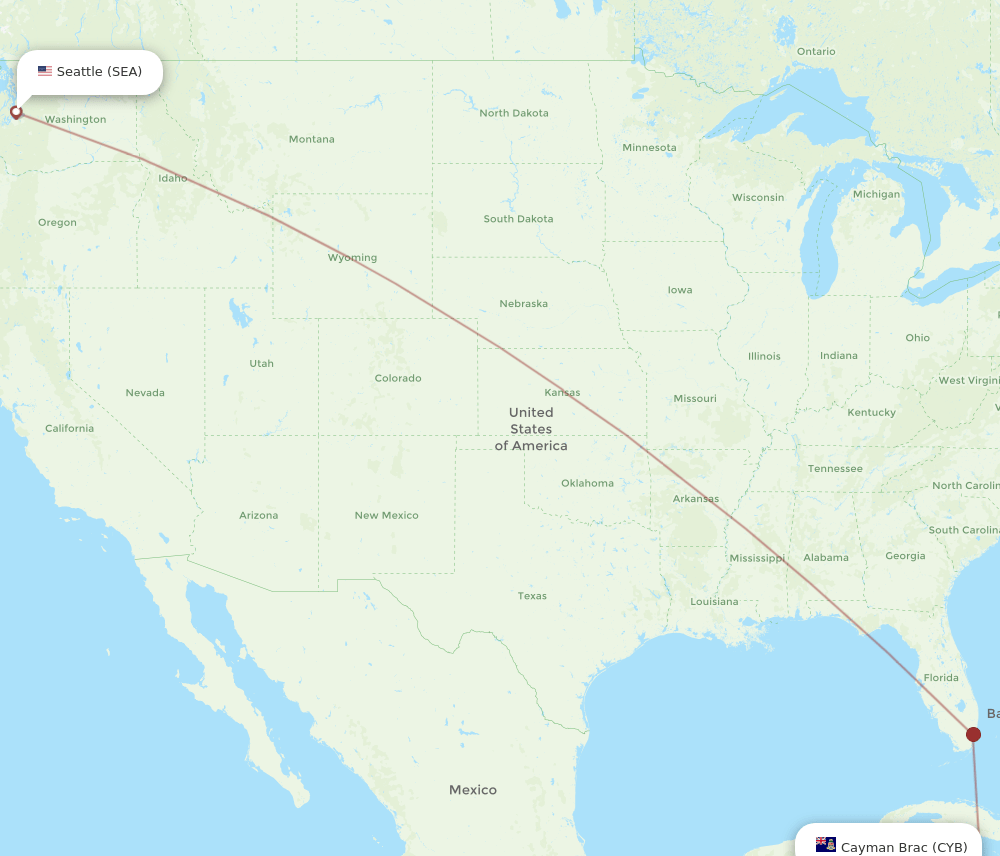 Cayman Brac Island - Seattle route map and flight paths