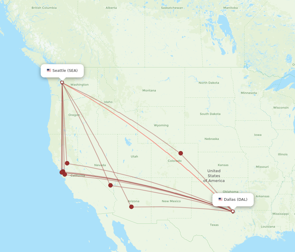 SEA to DAL flights and routes map