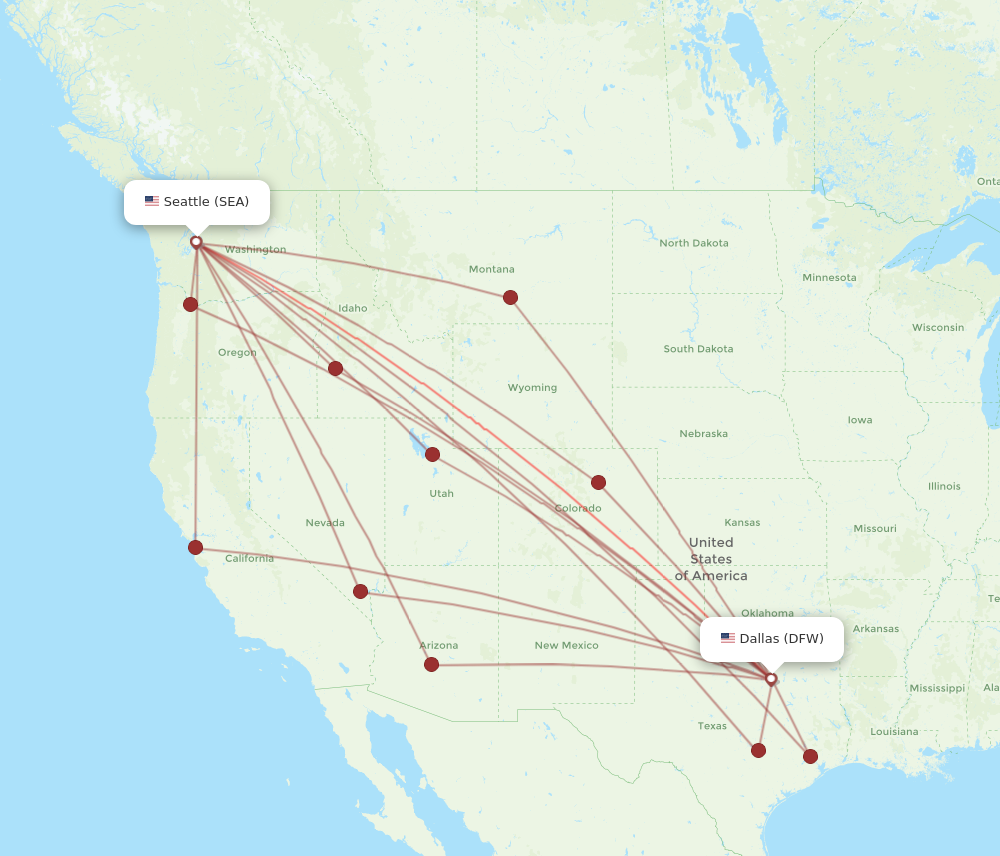SEA to DFW flights and routes map