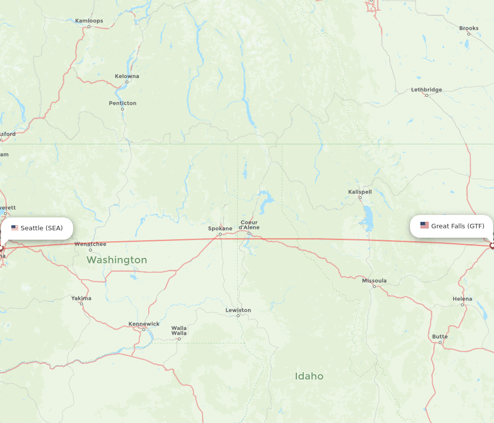 Seattle - Great Falls route map and flight paths