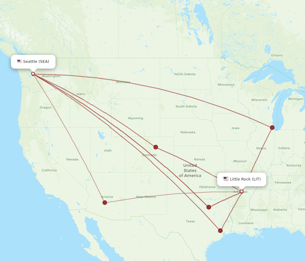 SEA to LIT flights and routes map