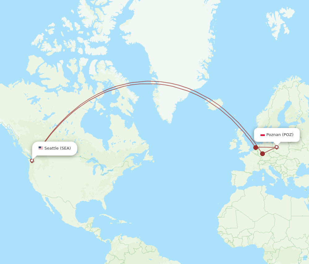 SEA to POZ flights and routes map