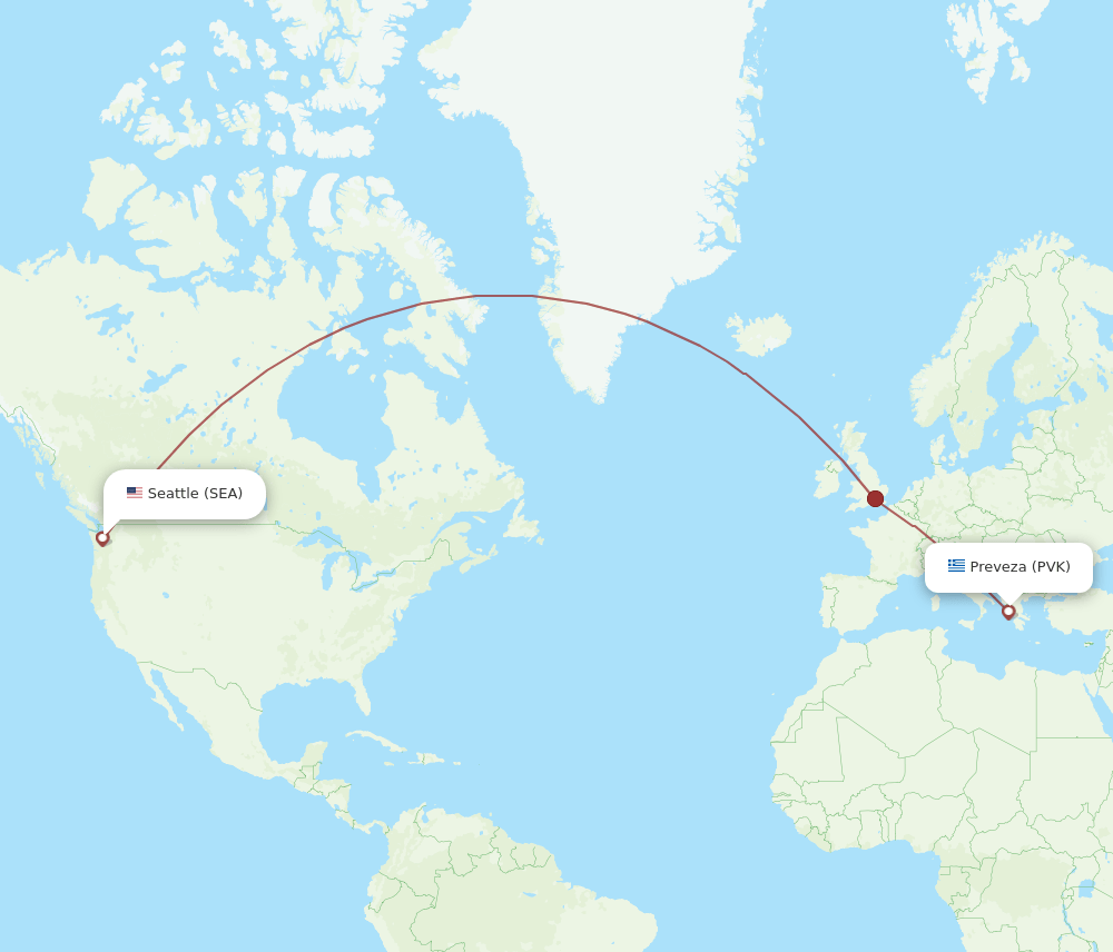 Preveza - Seattle route map and flight paths