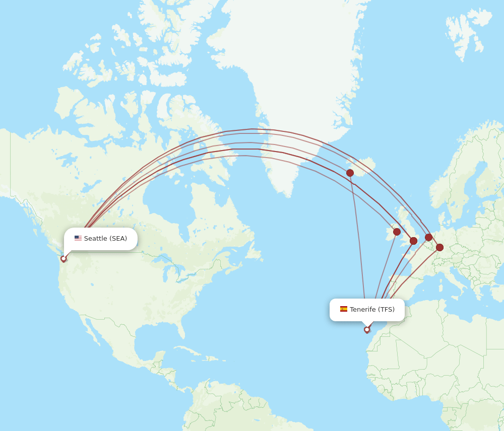 Tenerife - Seattle route map and flight paths