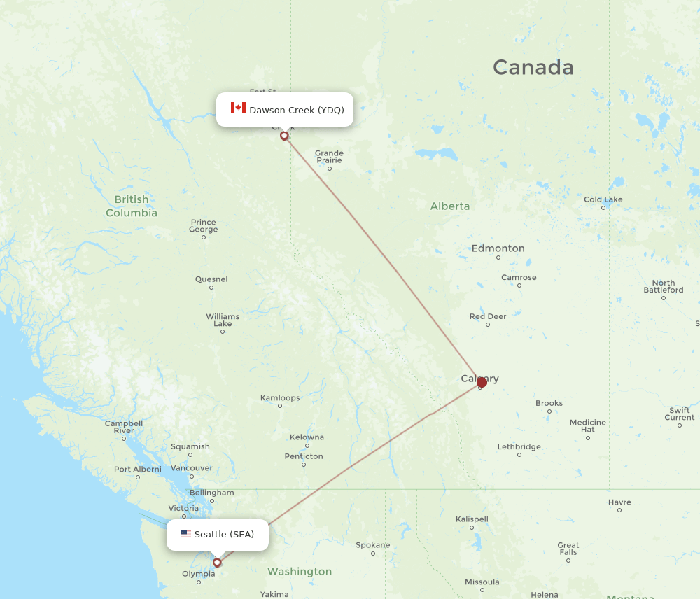 Seattle - Dawson Creek route map and flight paths