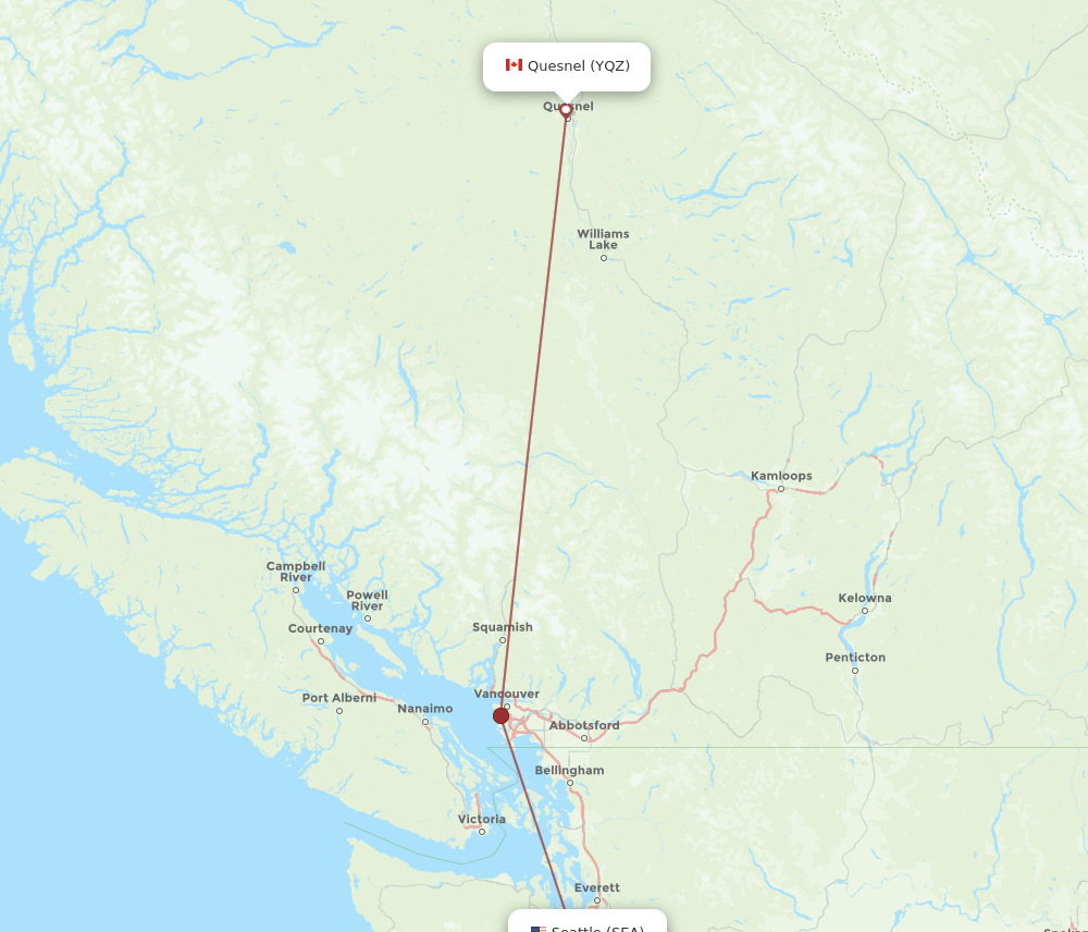 SEA to YQZ flights and routes map