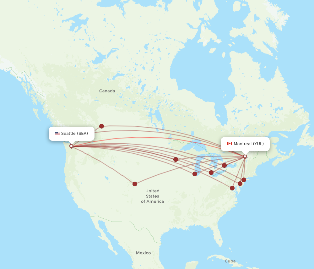 SEA to YUL flights and routes map