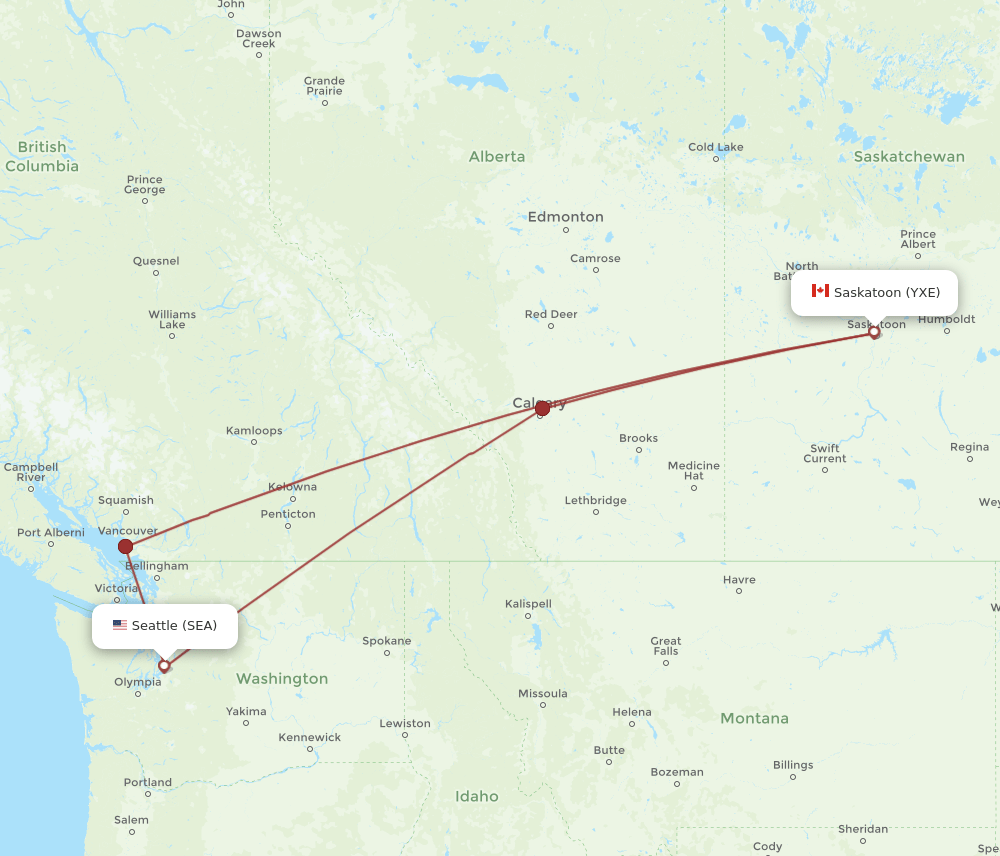 SEA to YXE flights and routes map