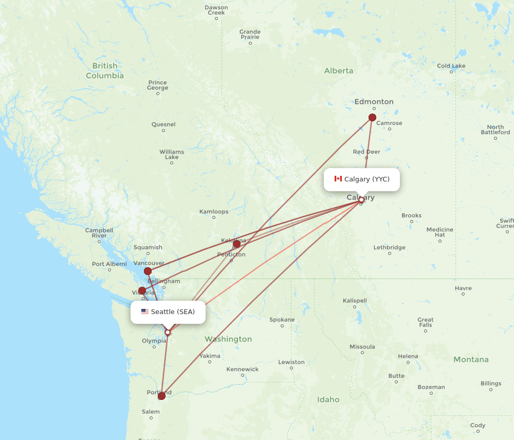SEA to YYC flights and routes map