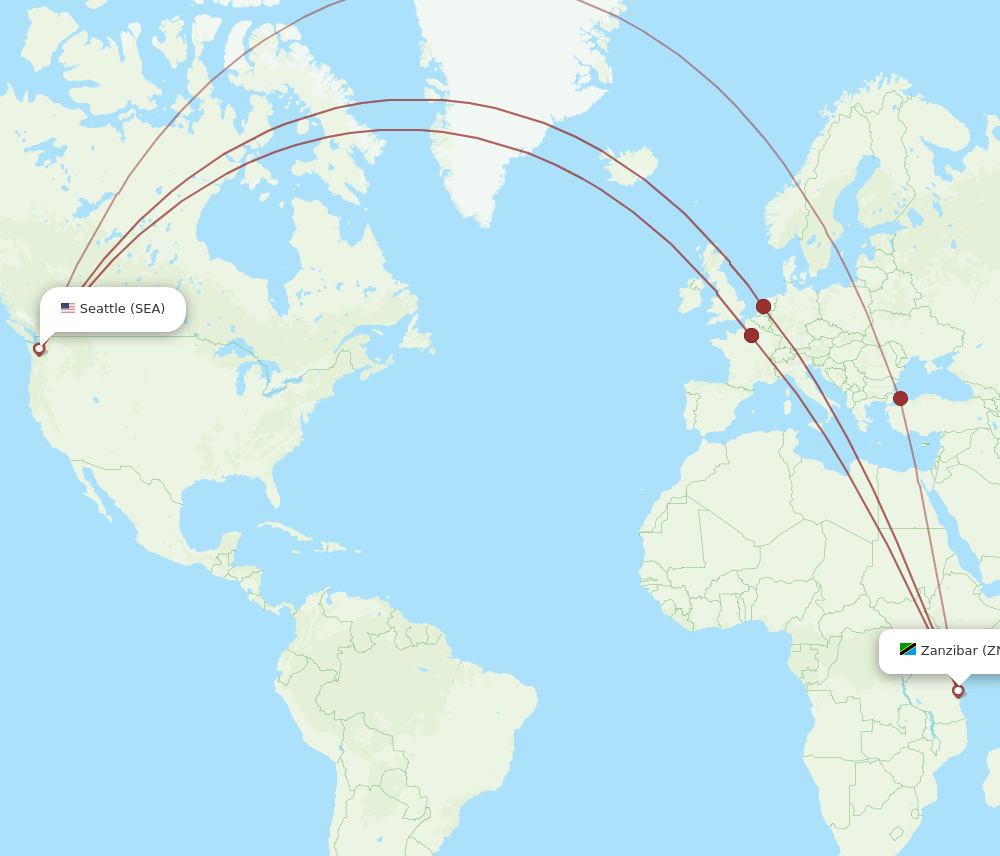 Zanzibar - Seattle route map and flight paths