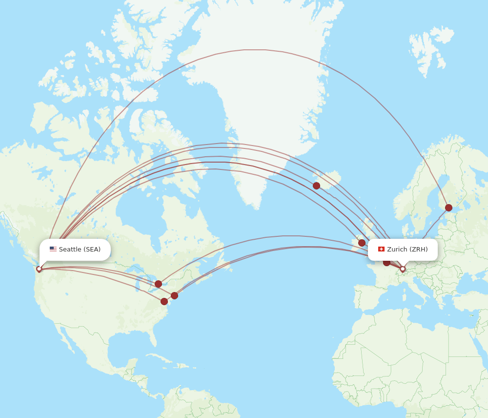 Zurich - Seattle route map and flight paths