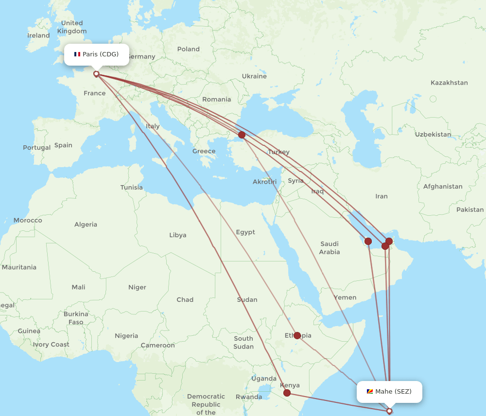 SEZ to CDG flights and routes map