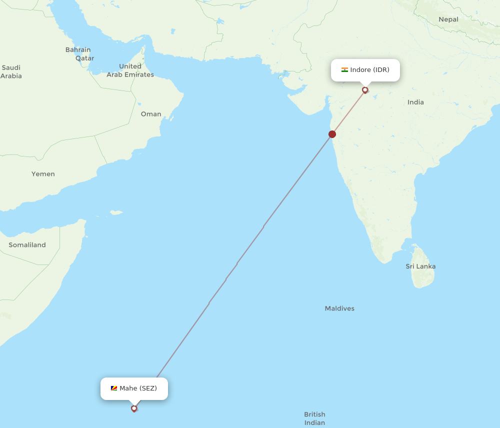 Indore - Mahe Island route map and flight paths