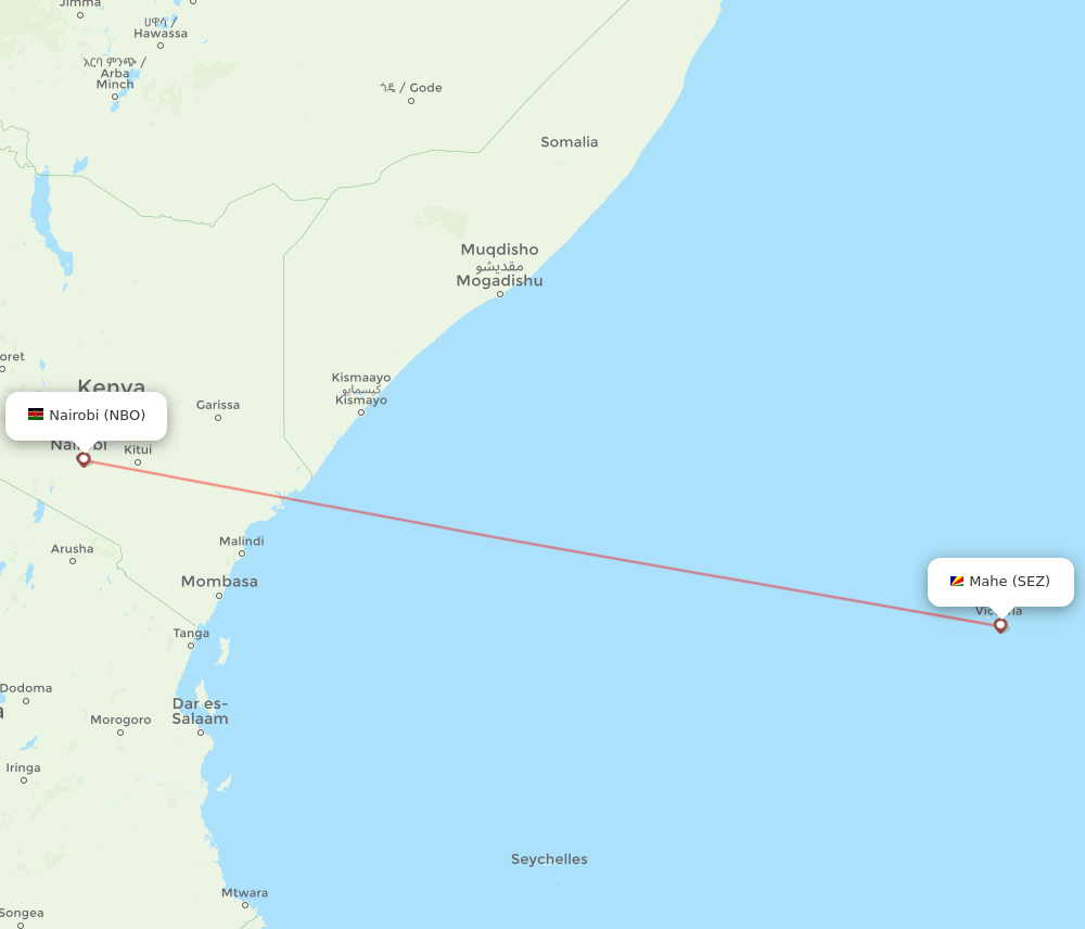 Mahe Island - Nairobi route map and flight paths