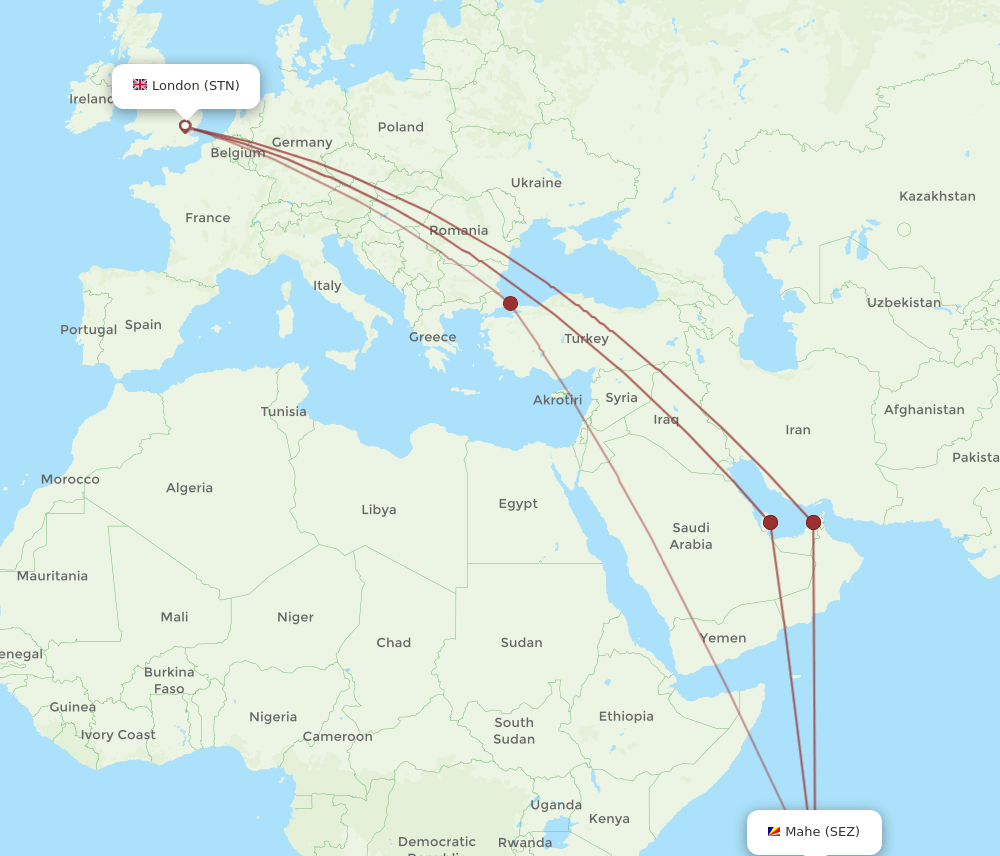 SEZ to STN flights and routes map