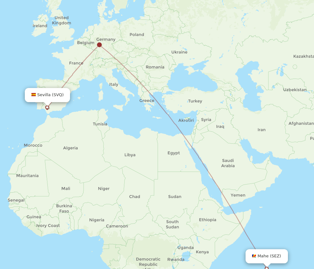 Sevilla - Mahe Island route map and flight paths