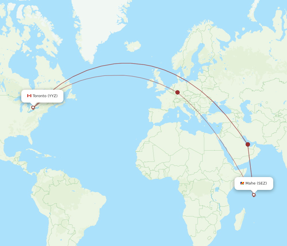 Toronto - Mahe Island route map and flight paths