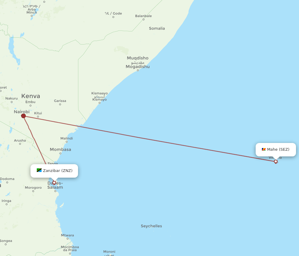 Zanzibar - Mahe Island route map and flight paths