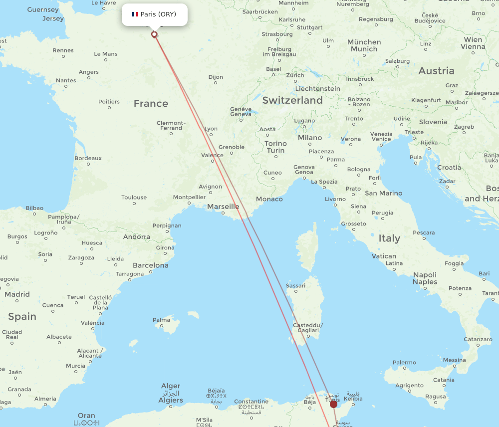 Sfax - Paris route map and flight paths