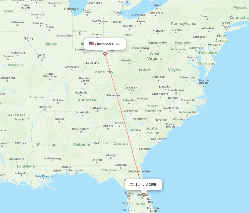 Orlando - Cincinnati route map and flight paths