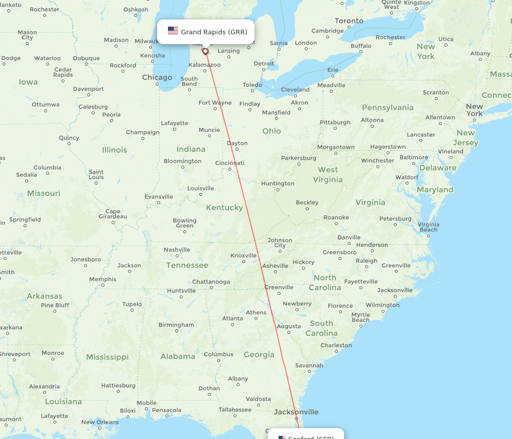 Orlando - Grand Rapids route map and flight paths