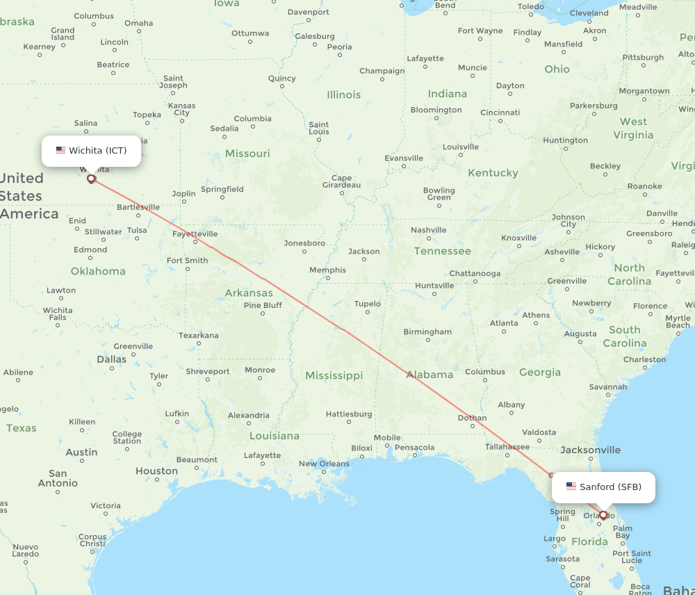 Orlando - Wichita route map and flight paths