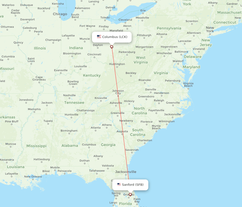 Orlando - Columbus route map and flight paths