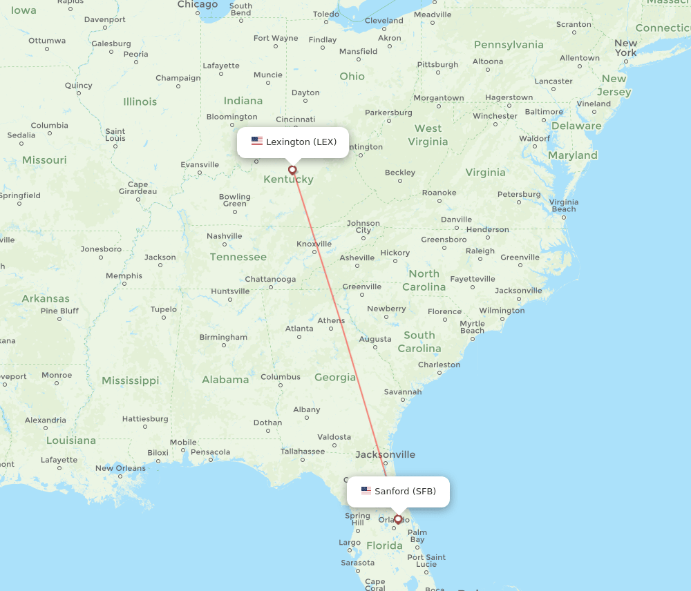 Orlando - Lexington route map and flight paths
