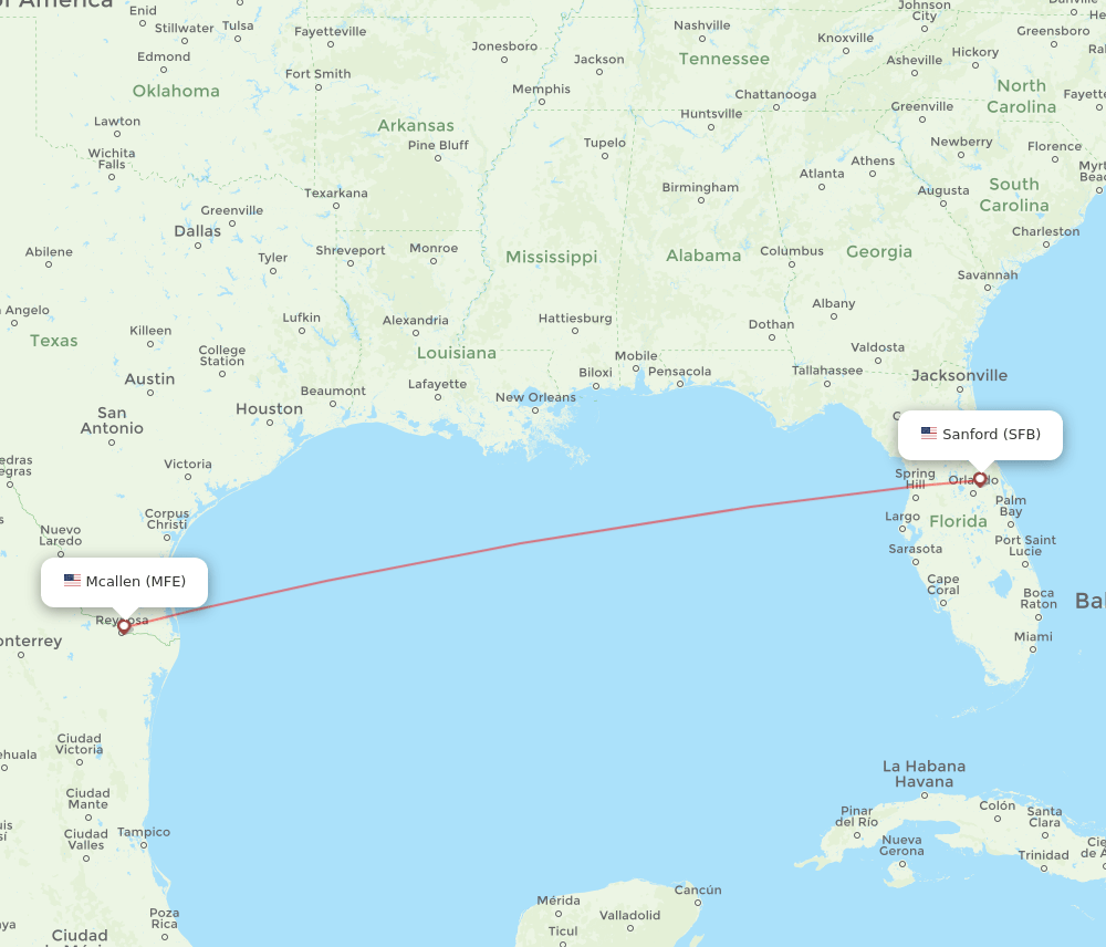 Orlando - McAllen route map and flight paths