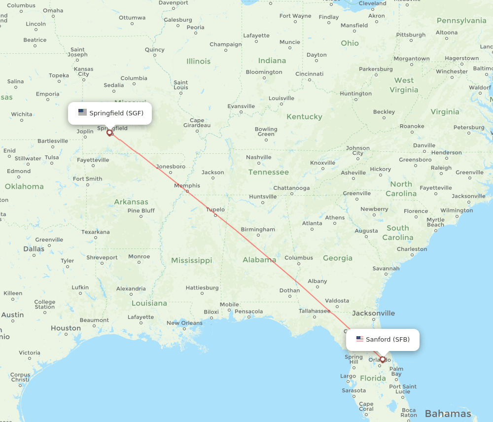 Orlando - Springfield route map and flight paths