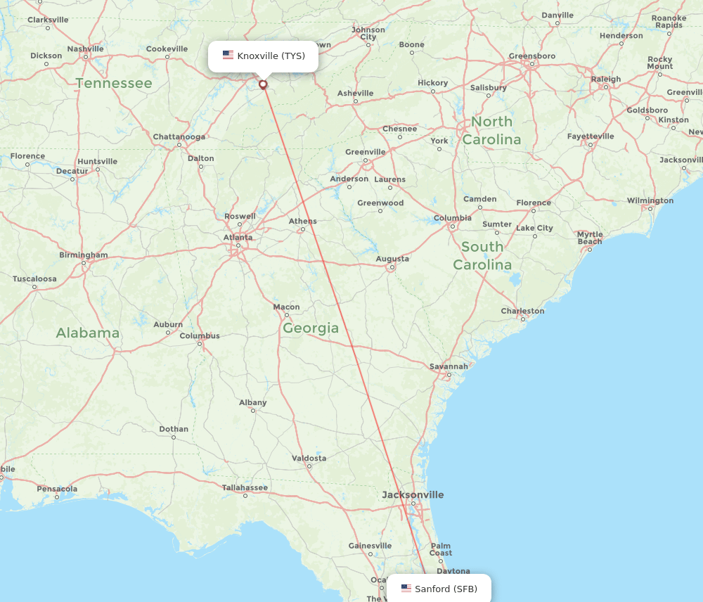 Orlando - Knoxville route map and flight paths