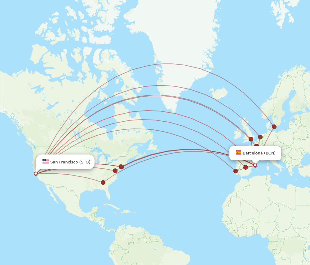 SFO to BCN flights and routes map