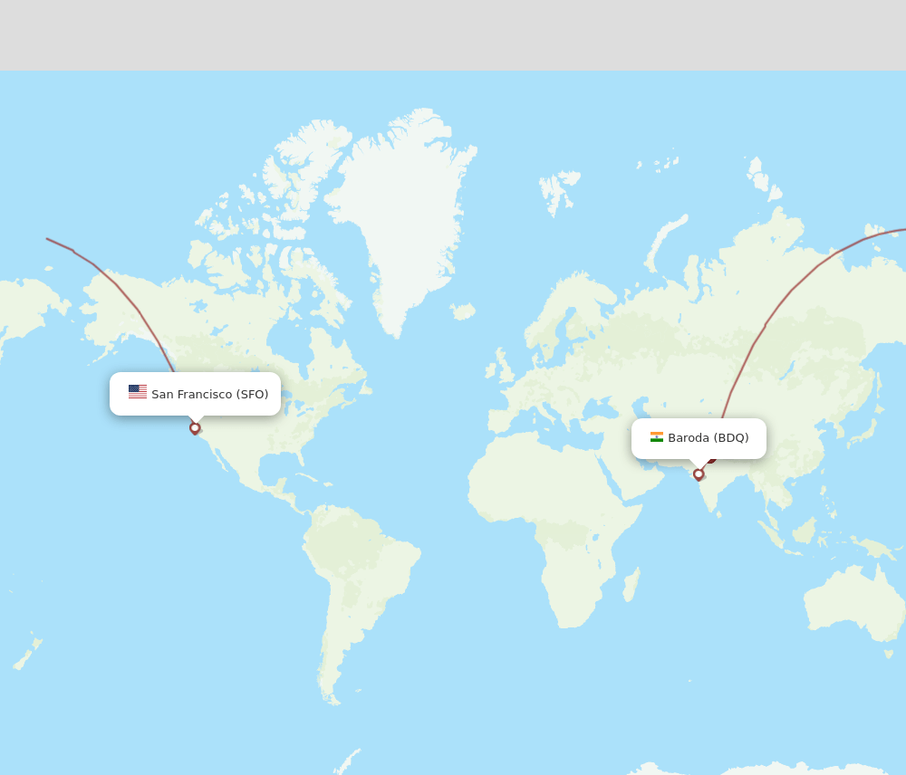 Vadodara - San Francisco route map and flight paths