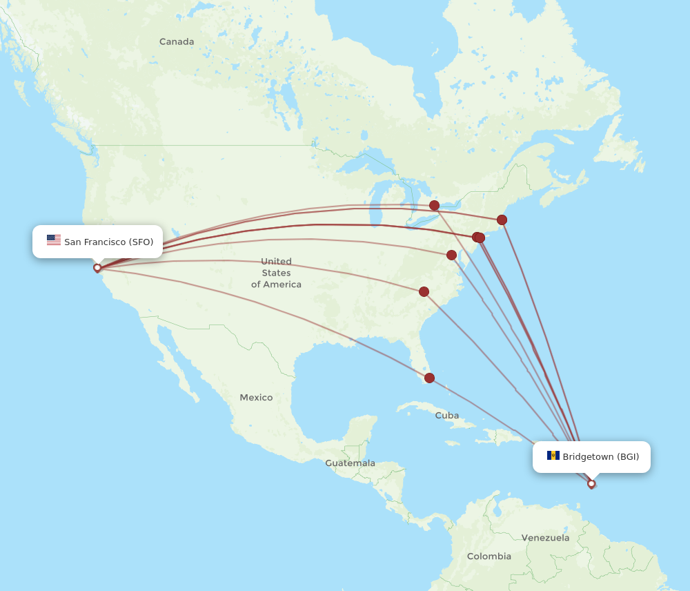 SFO to BGI flights and routes map