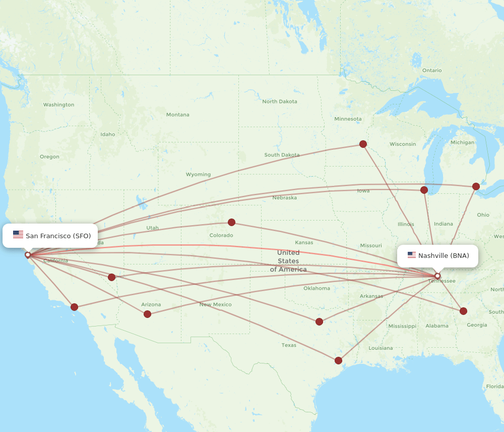 SFO to BNA flights and routes map