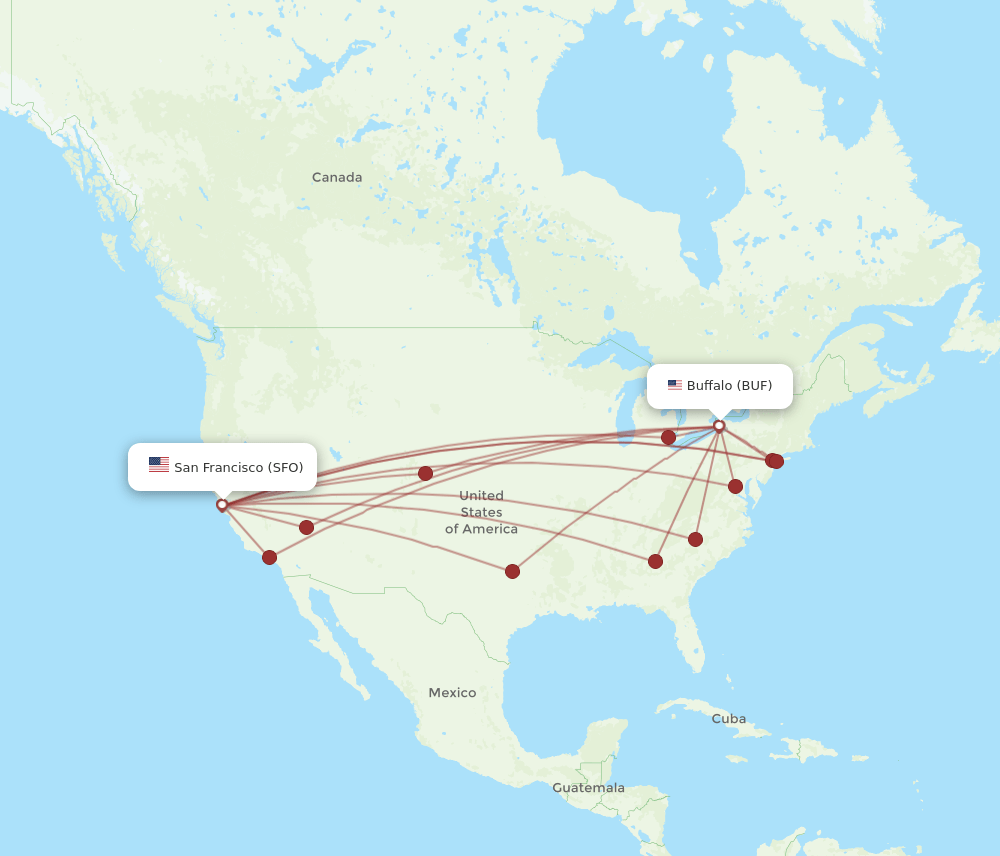 SFO to BUF flights and routes map
