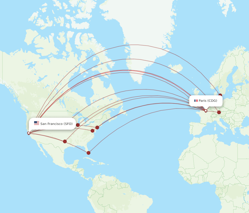 SFO to CDG flights and routes map