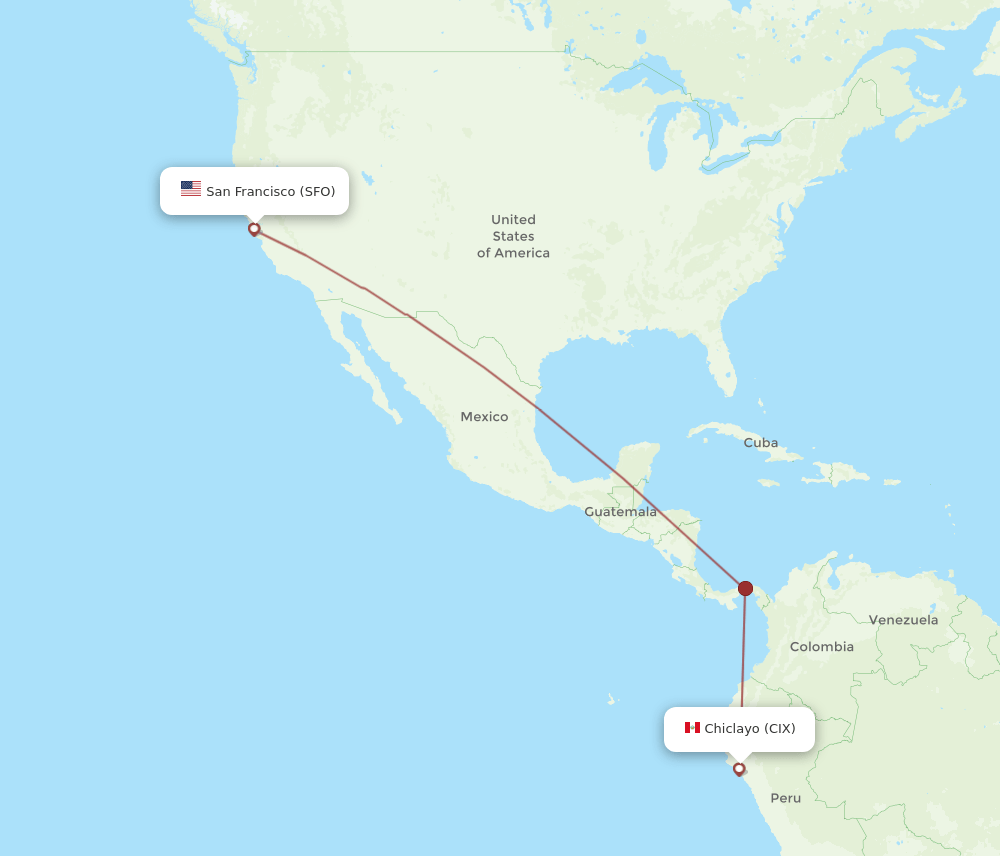 Chiclayo - San Francisco route map and flight paths