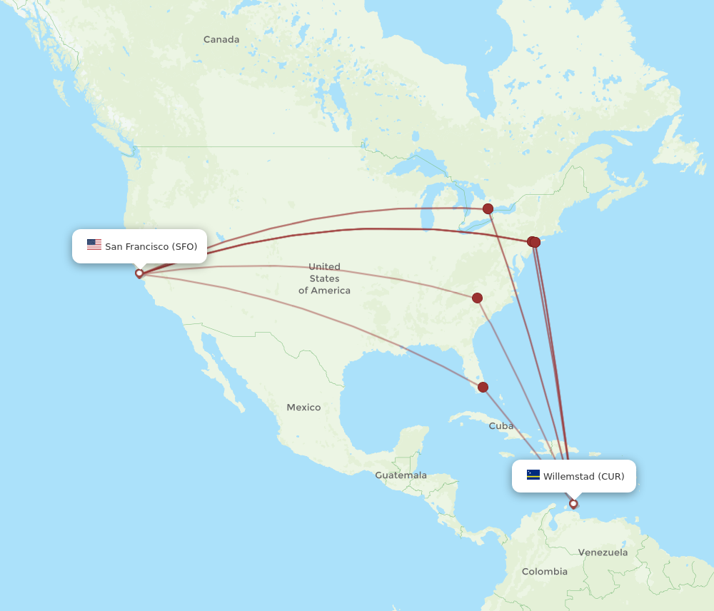 SFO to CUR flights and routes map
