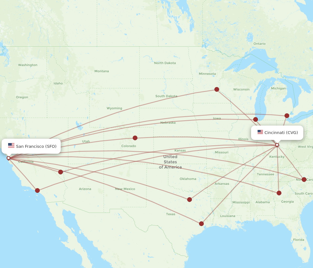 SFO to CVG flights and routes map