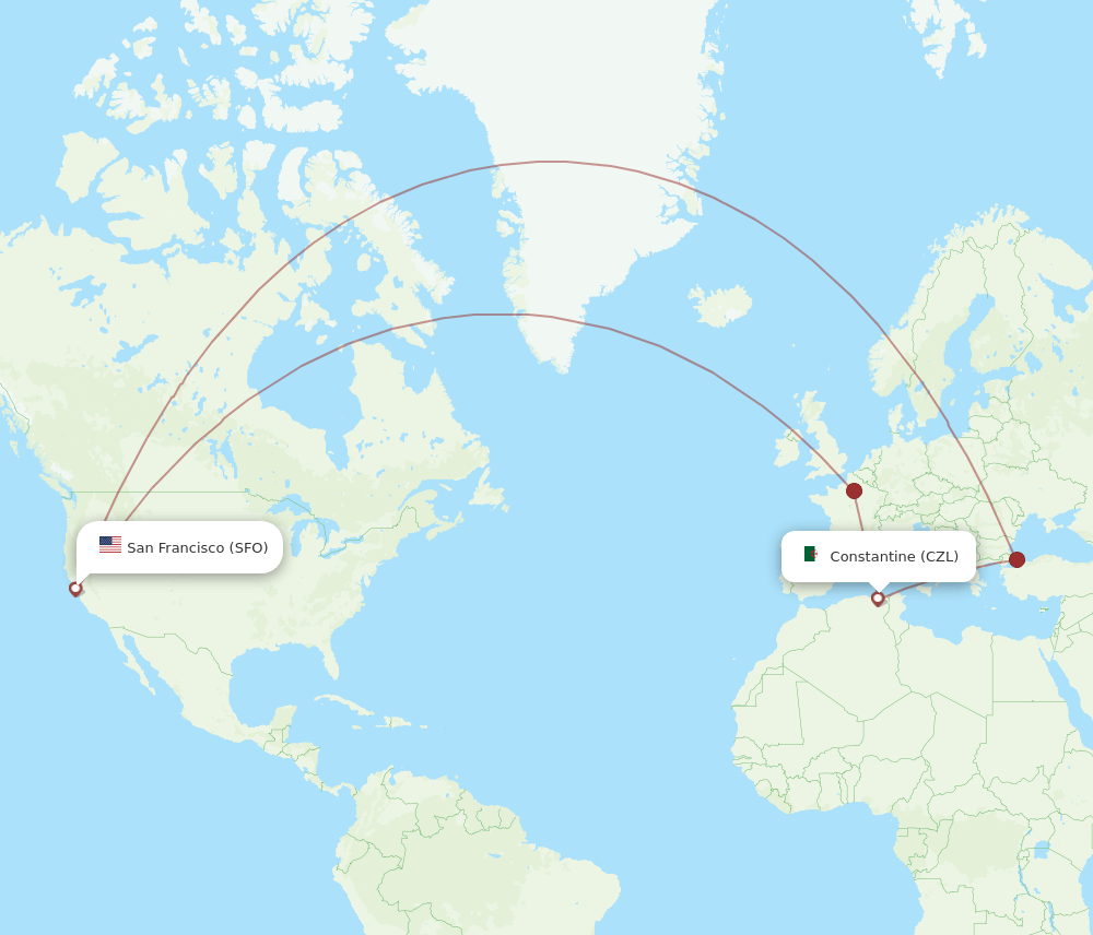 Constantine - San Francisco route map and flight paths