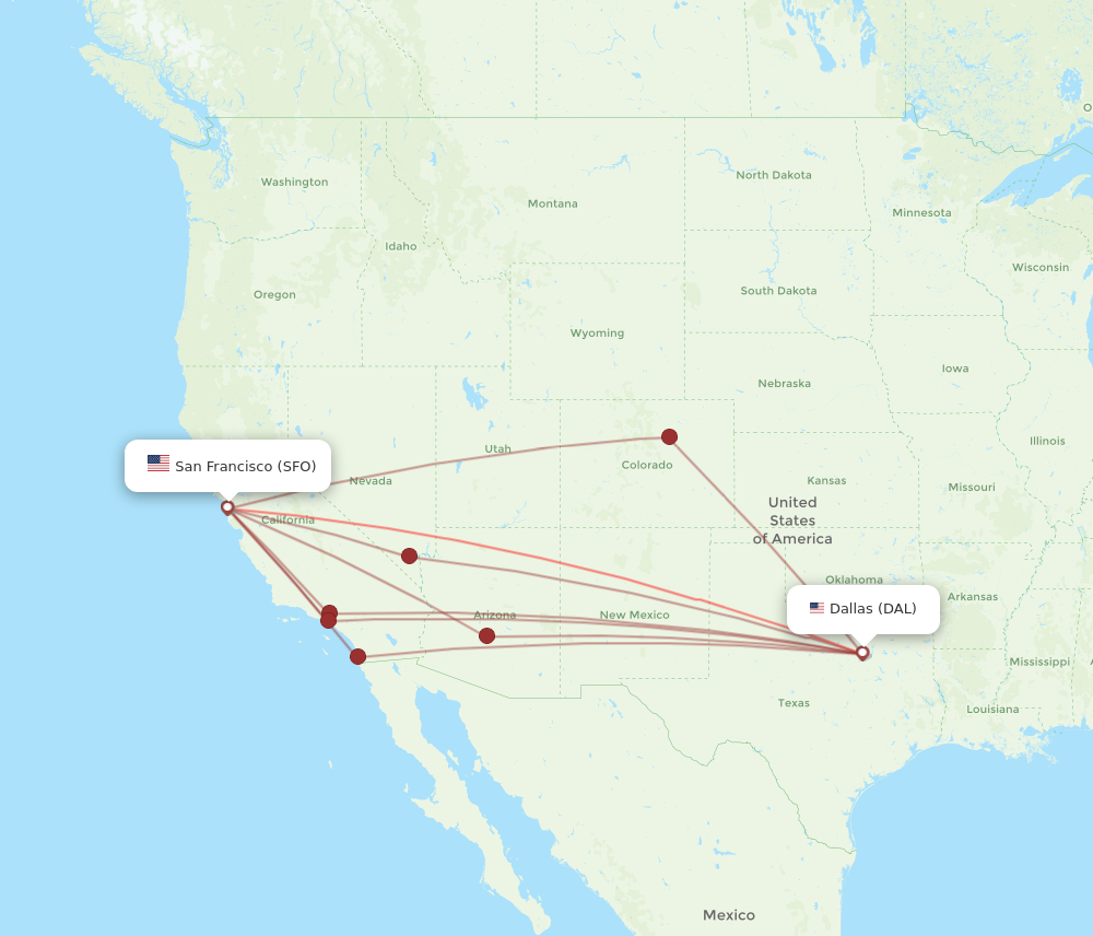 SFO to DAL flights and routes map