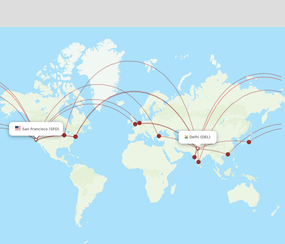 SFO to DEL flights and routes map