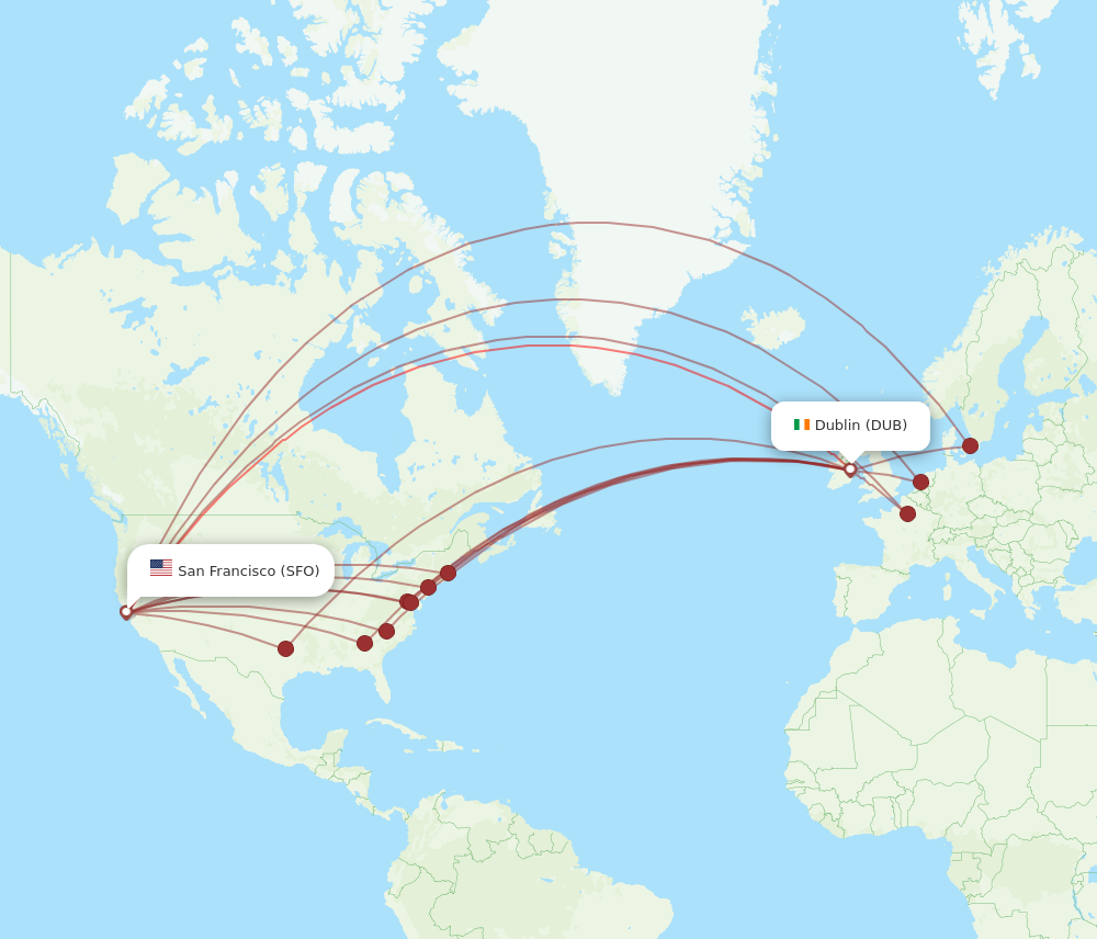 SFO to DUB flights and routes map