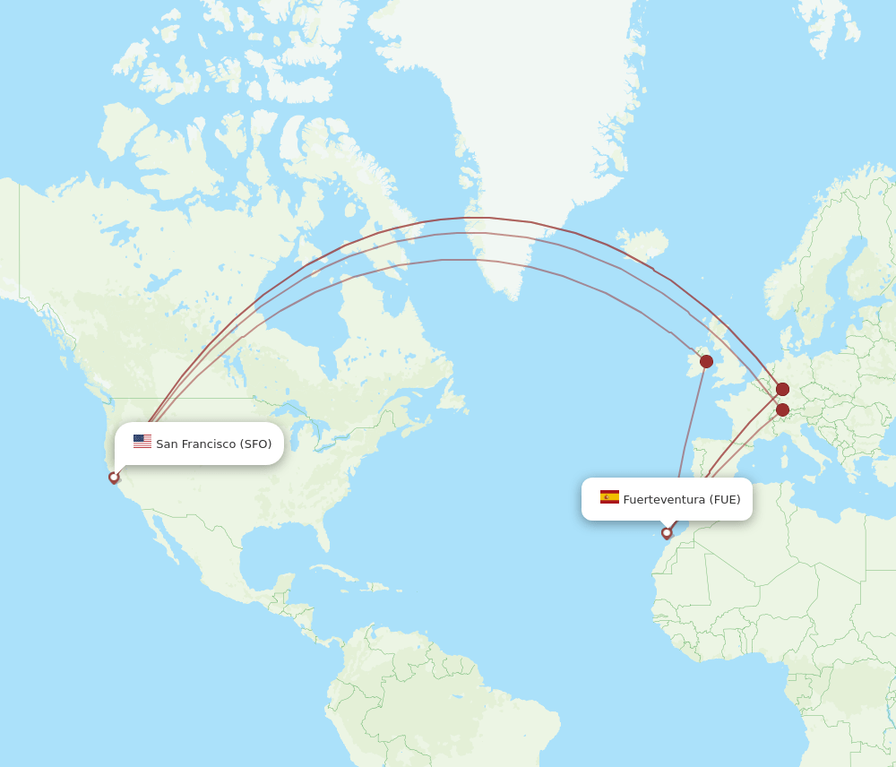 Puerto del Rosario - San Francisco route map and flight paths