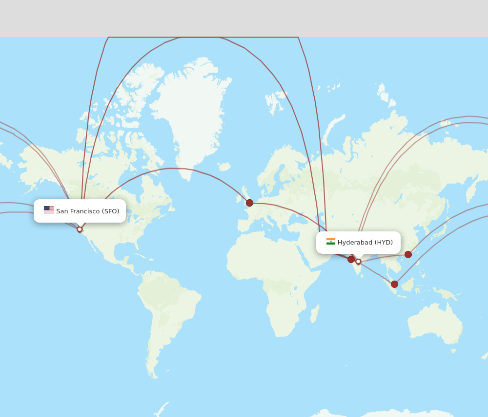 SFO to HYD flights and routes map