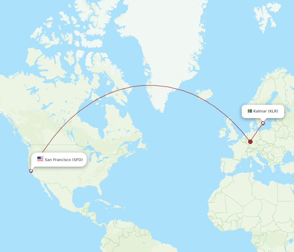 Kalmar - San Francisco route map and flight paths