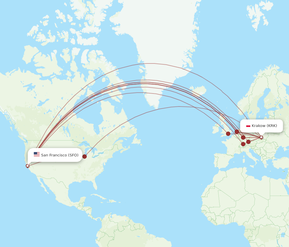 SFO to KRK flights and routes map