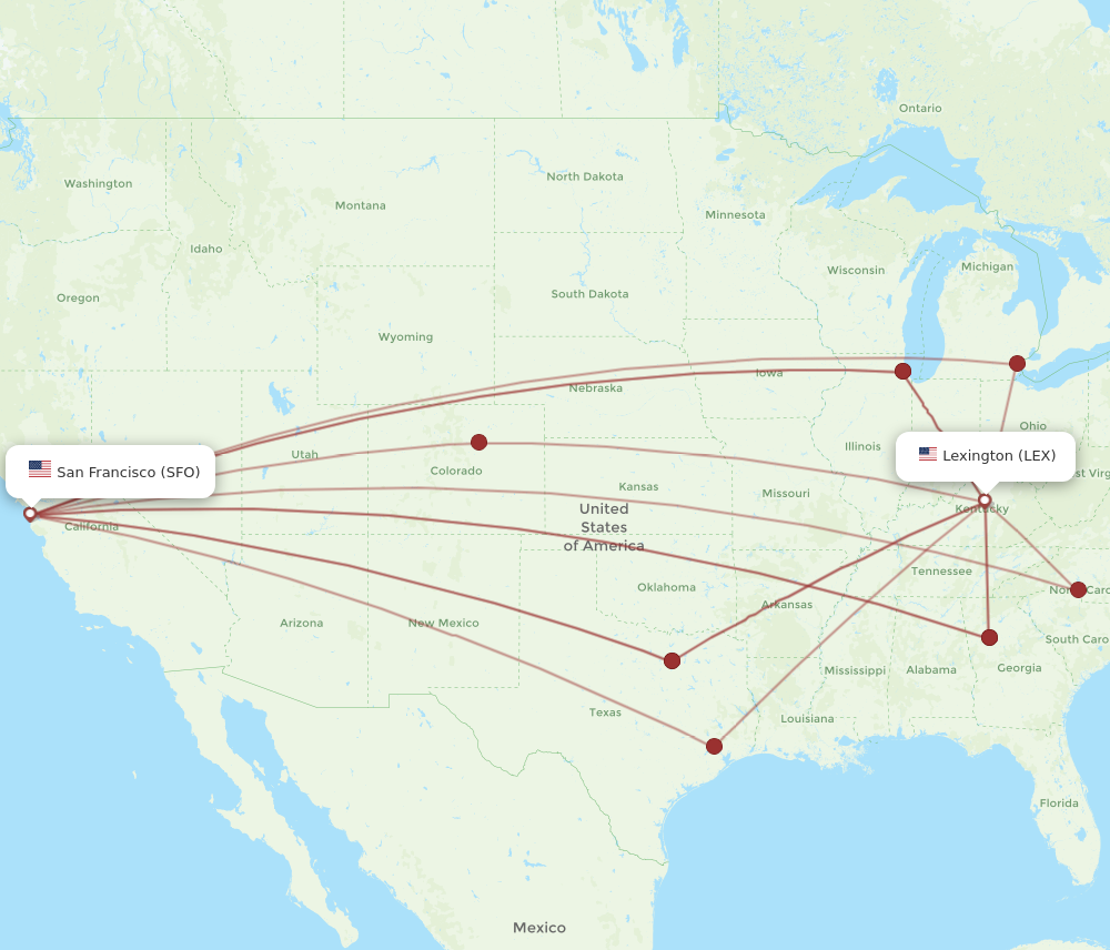SFO to LEX flights and routes map