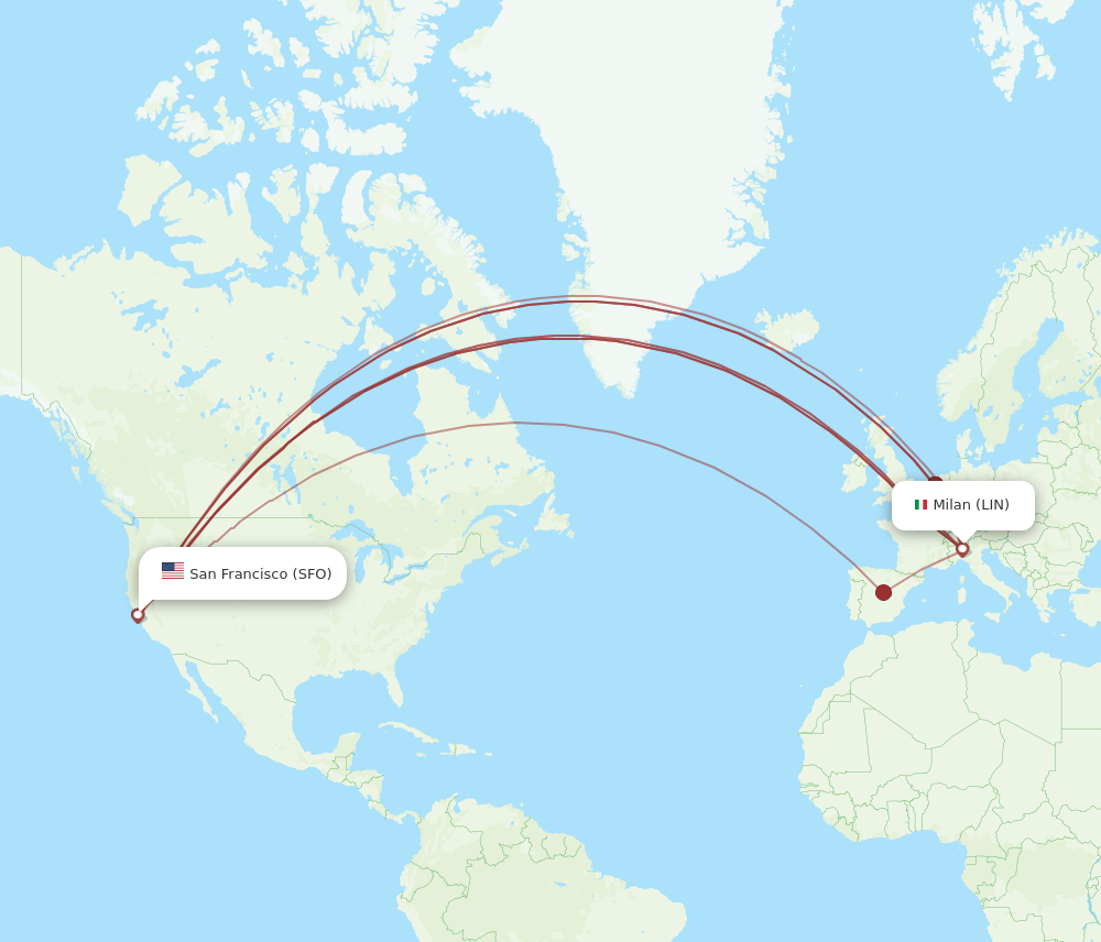 SFO to LIN flights and routes map